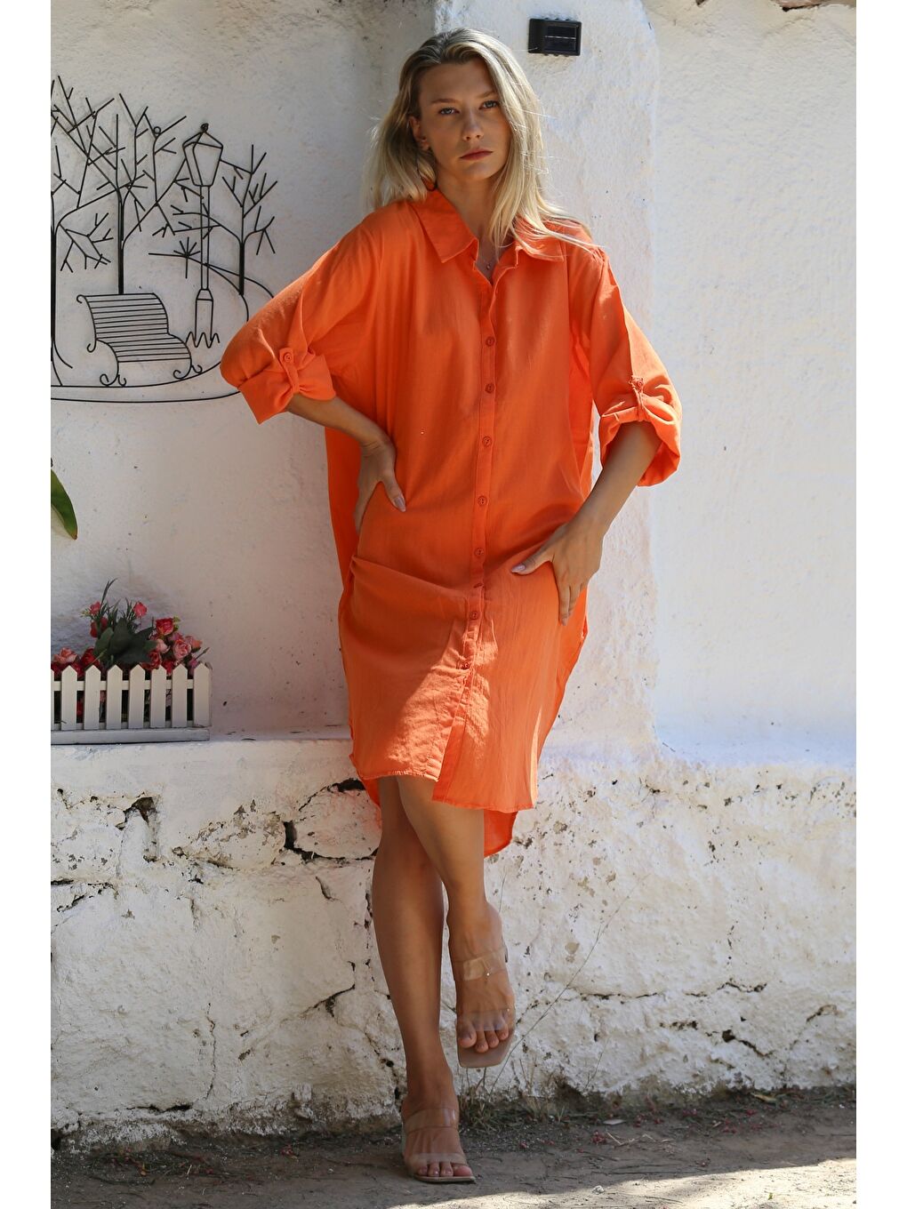 Turuncu Gömlek Yaka Düğmeli Uzun Kollu Cepli Tavuskuşu Nakışlı Pamuklu Dokuma Casual Elbise-5