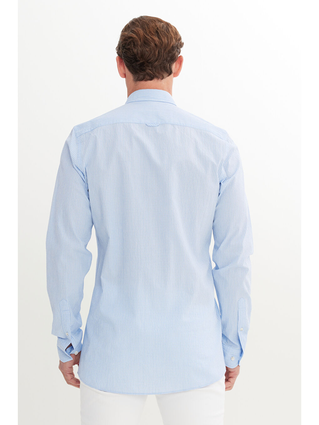 Erkek Beyaz-Mavi Pamuklu Slim Fit Dar Kesim Düğmeli Yaka Kareli Gömlek-4