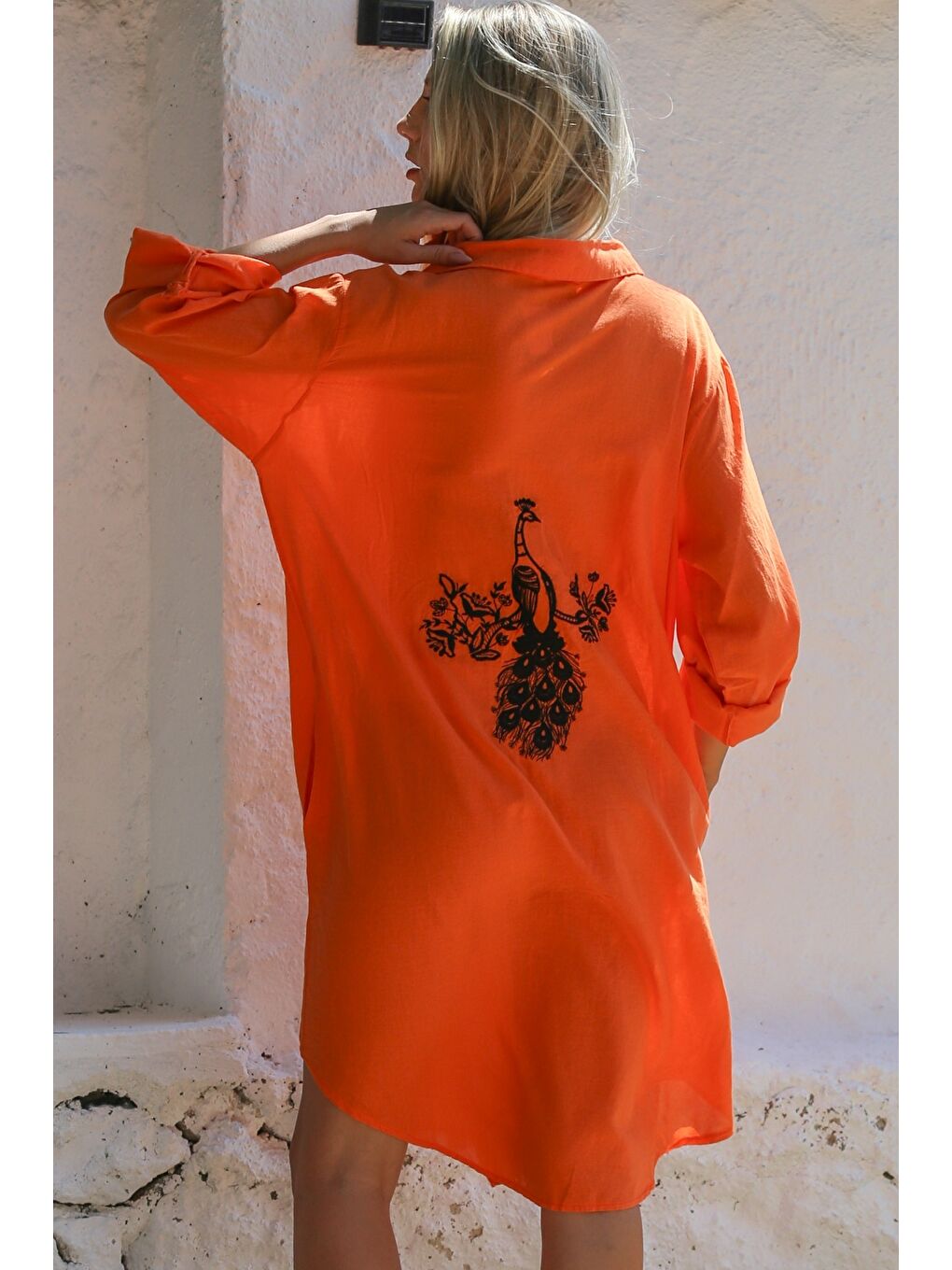 Turuncu Gömlek Yaka Düğmeli Uzun Kollu Cepli Tavuskuşu Nakışlı Pamuklu Dokuma Casual Elbise-7