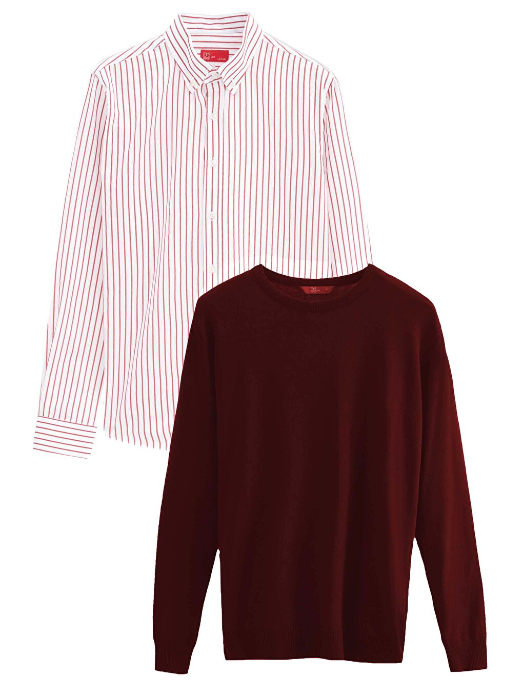 Slim Fit Bordo Pamuk Karışımlı 2'Li Bisiklet Yaka Gömlek Ve Kazak