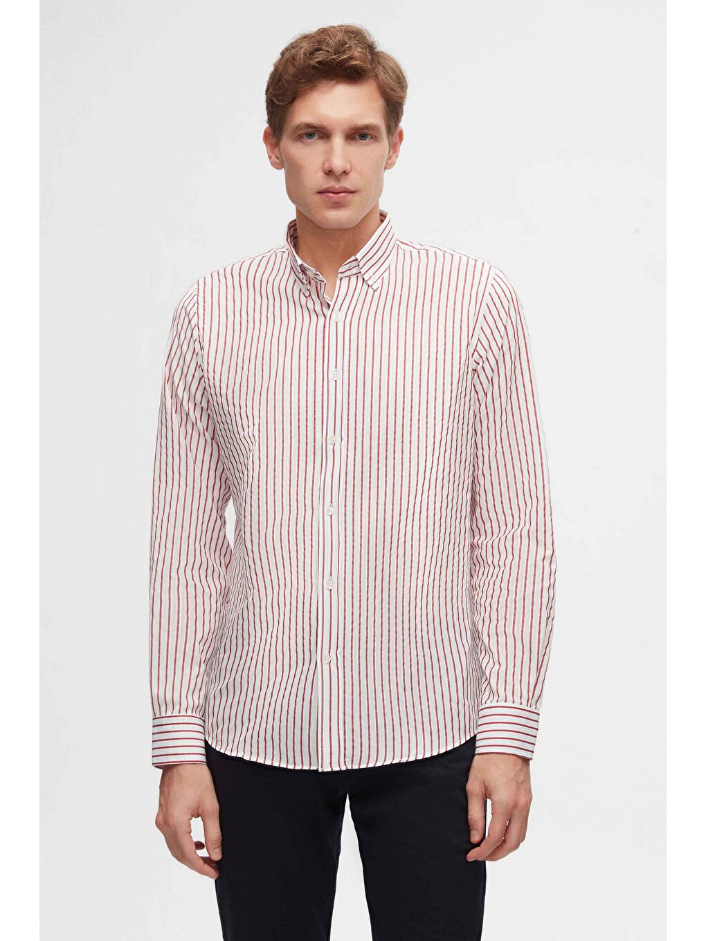 Slim Fit Bordo Pamuk Karışımlı 2'Li Bisiklet Yaka Gömlek Ve Kazak-1