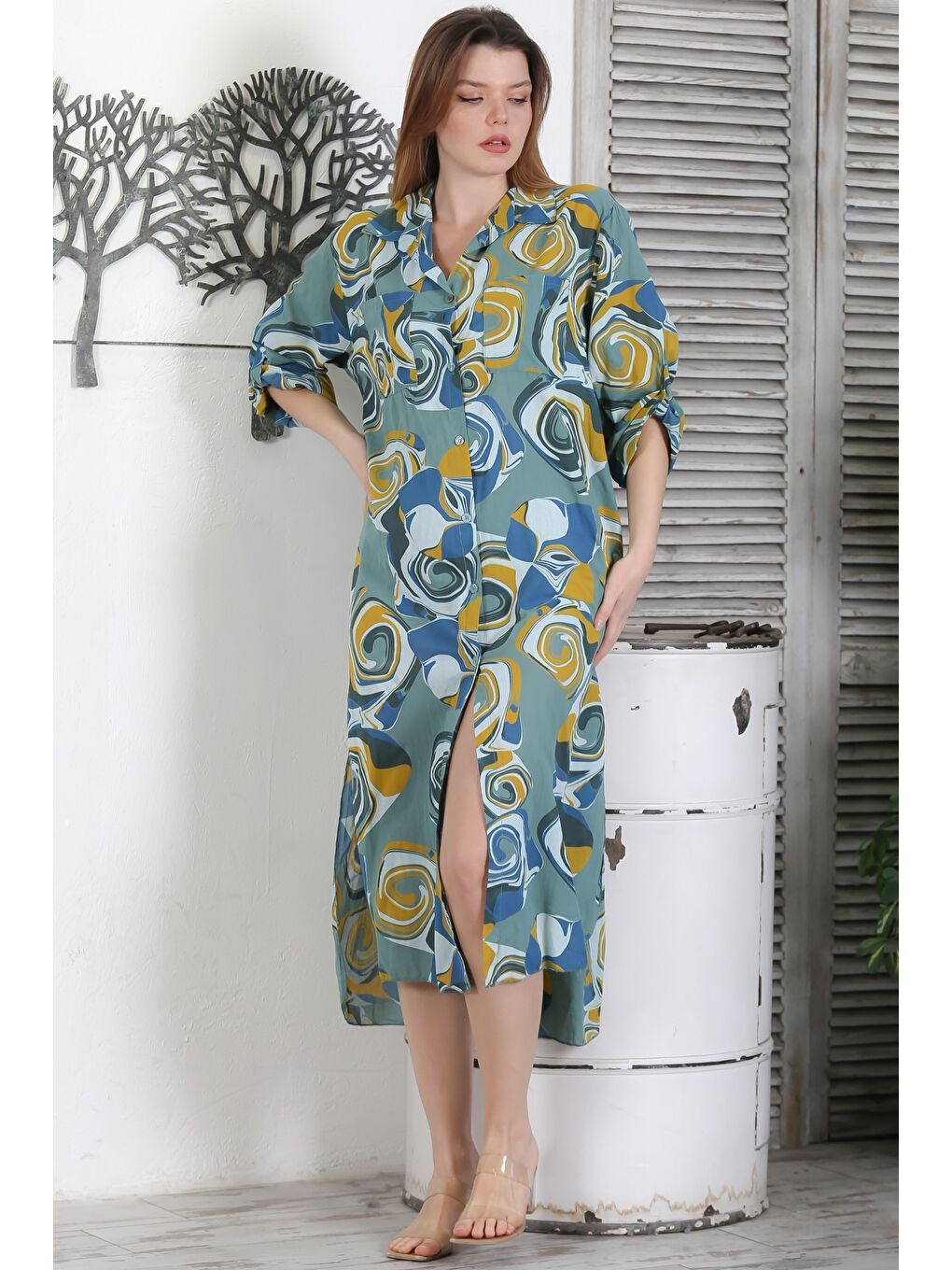 İtalyan Koyu Haki Düğmeli Uzun Kollu Geometrik Desenli Çift Cepli Casual Dokuma Yazlık Elbise 130 65-2