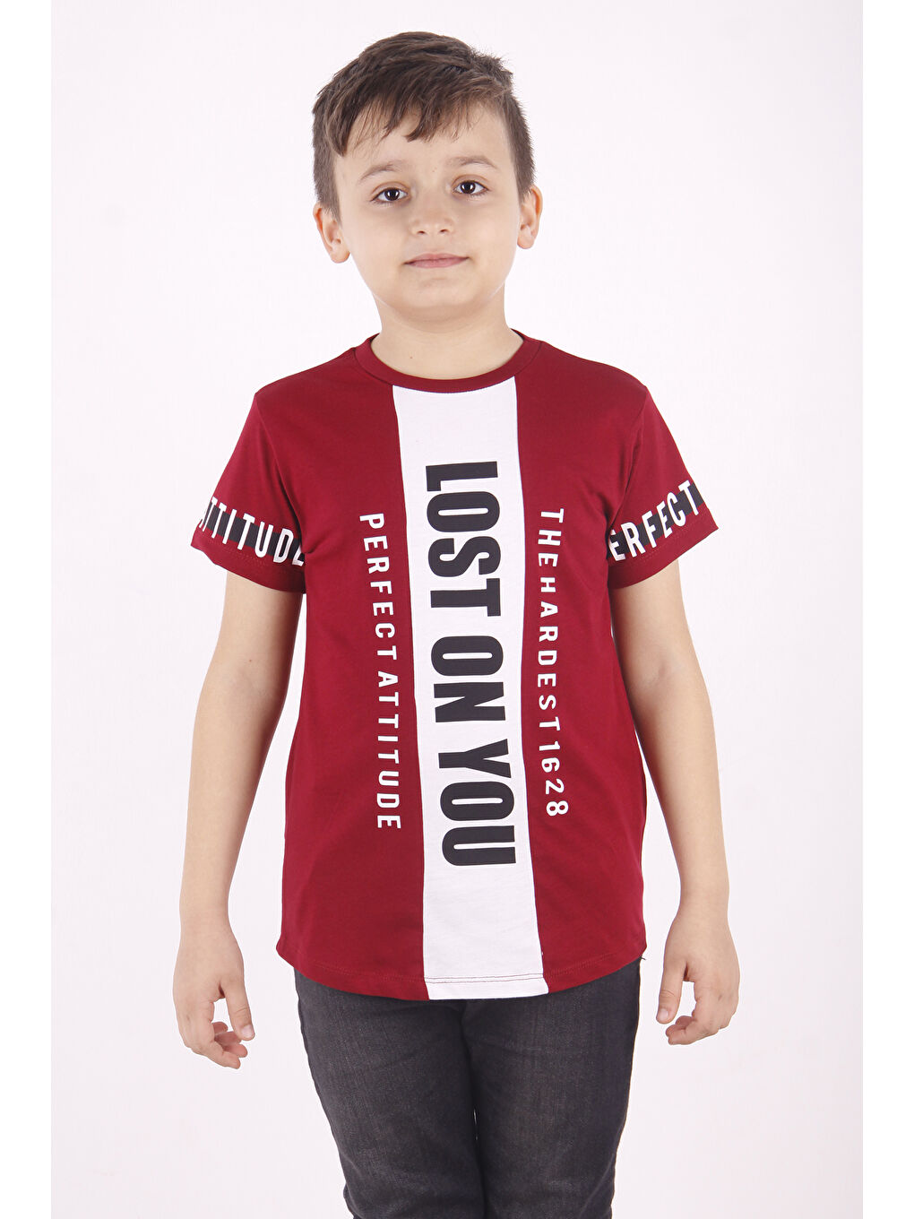 Bordo Erkek Çocuk Yazı Baskılı Tişört