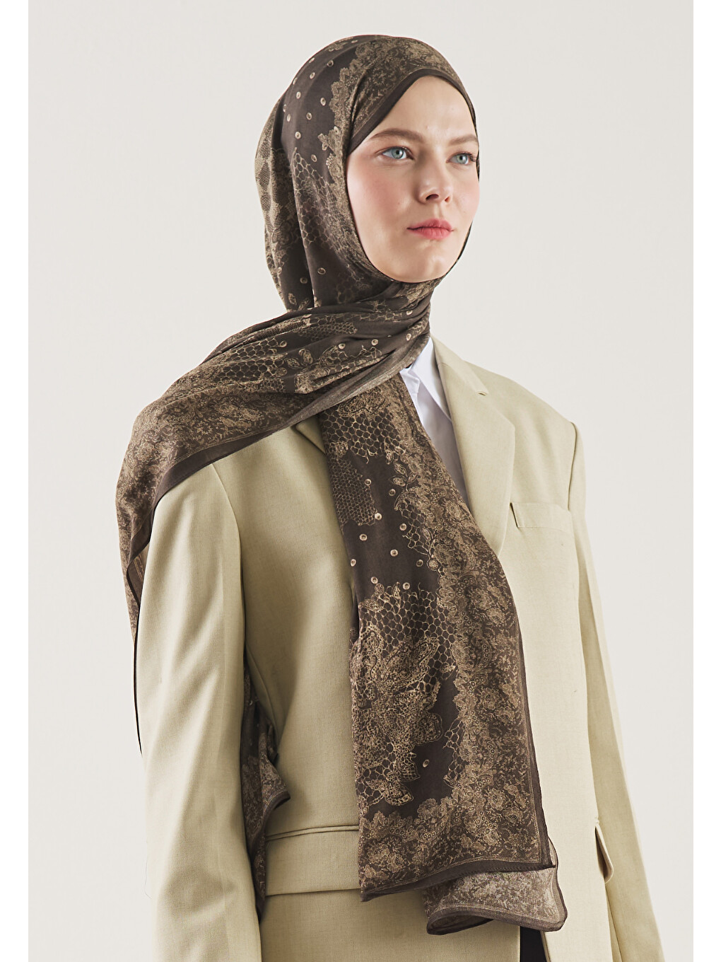 Kahverengi Floral Lace Desen Rami Şal Kahve-1