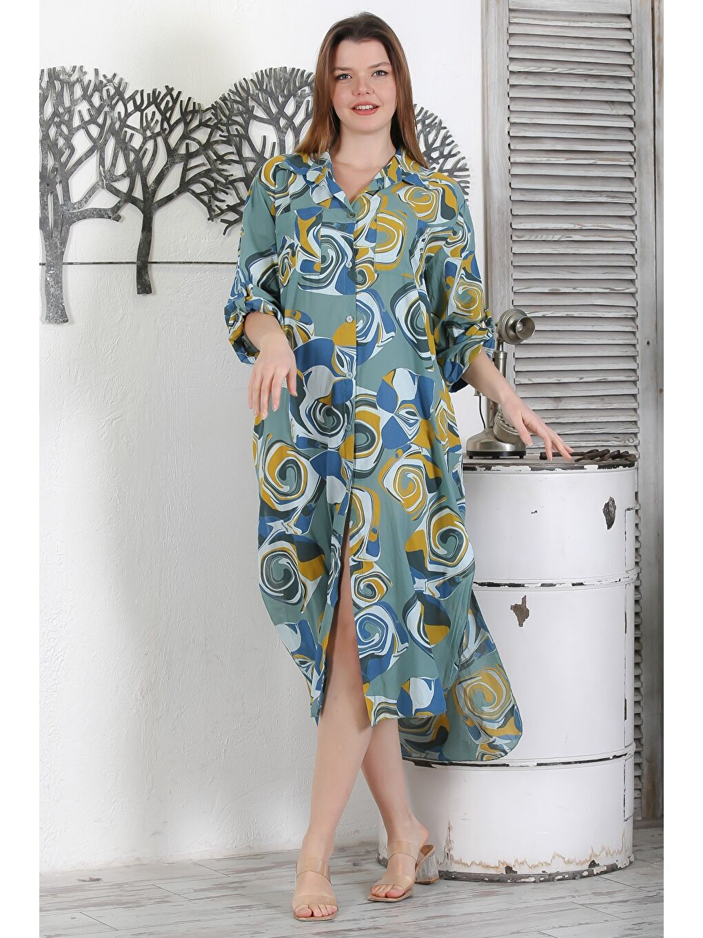 İtalyan Koyu Haki Düğmeli Uzun Kollu Geometrik Desenli Çift Cepli Casual Dokuma Yazlık Elbise 130 65-4