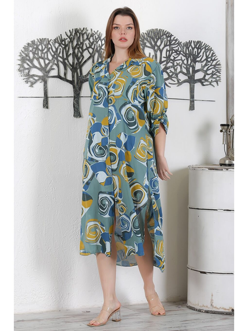 İtalyan Koyu Haki Düğmeli Uzun Kollu Geometrik Desenli Çift Cepli Casual Dokuma Yazlık Elbise 130 65-5