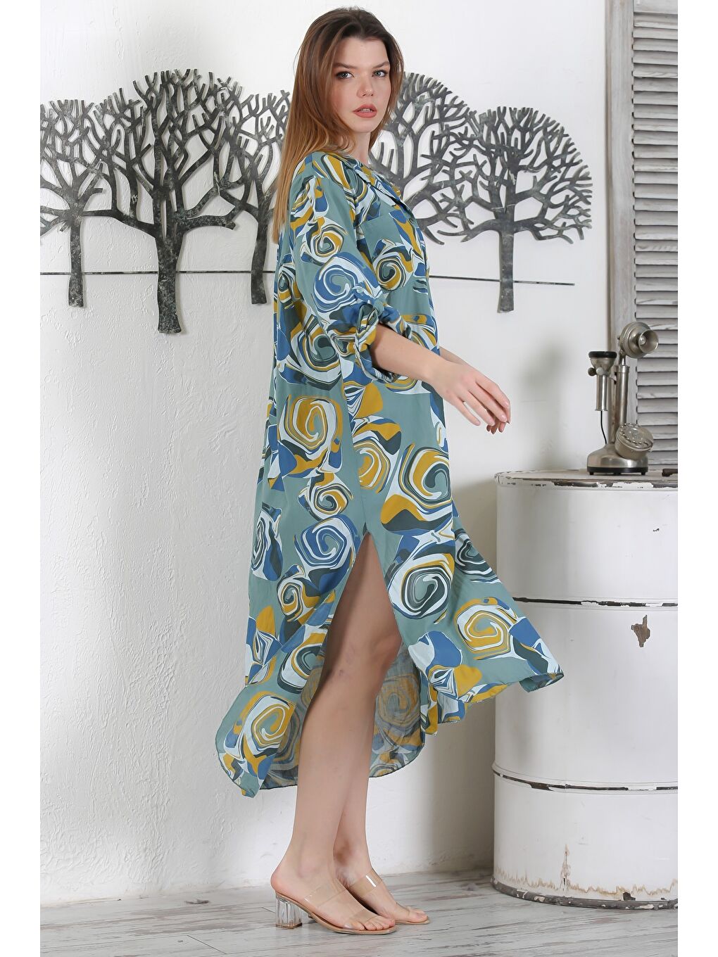 İtalyan Koyu Haki Düğmeli Uzun Kollu Geometrik Desenli Çift Cepli Casual Dokuma Yazlık Elbise 130 65-6