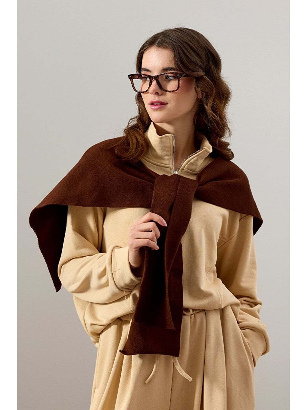 Bej 3 İplik Yarım Fermuarlı Sweat-1