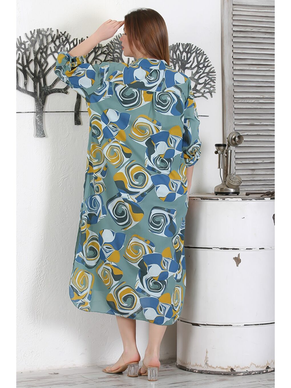 İtalyan Koyu Haki Düğmeli Uzun Kollu Geometrik Desenli Çift Cepli Casual Dokuma Yazlık Elbise 130 65-7