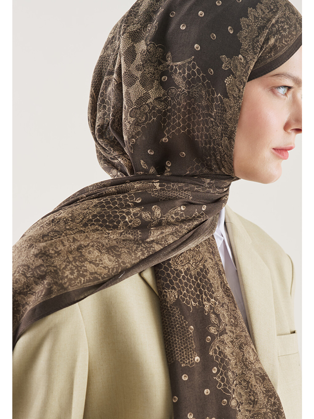 Kahverengi Floral Lace Desen Rami Şal Kahve-2