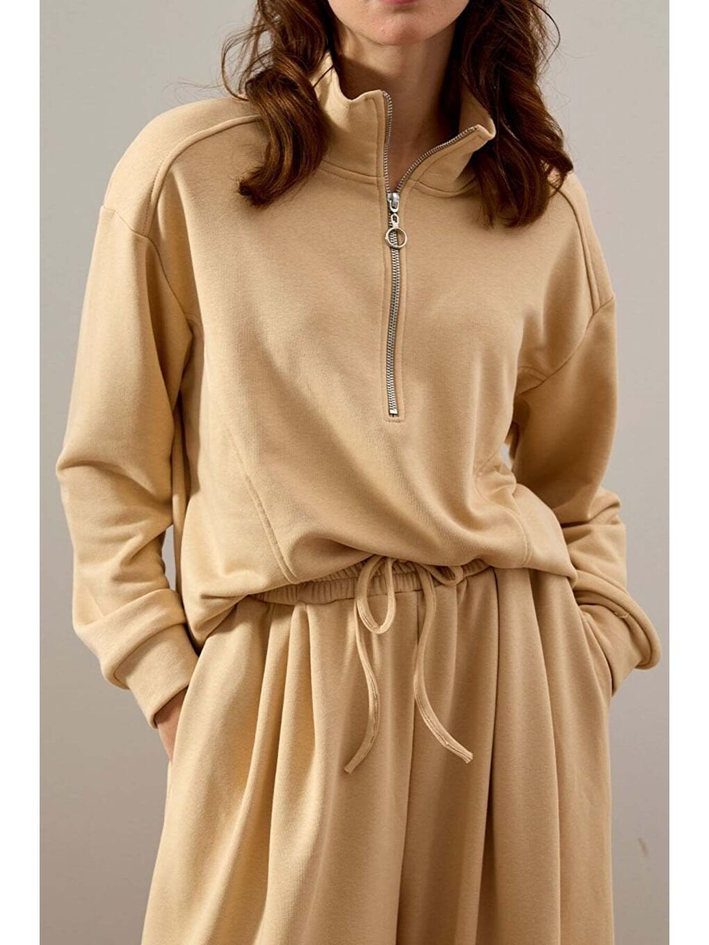 Bej 3 İplik Yarım Fermuarlı Sweat-2