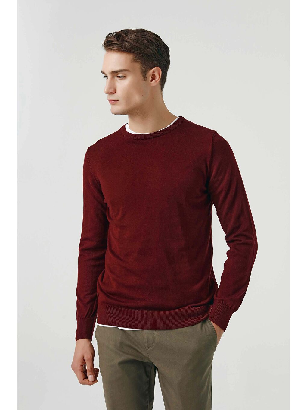 Slim Fit Bordo Pamuk Karışımlı 2'Li Bisiklet Yaka Gömlek Ve Kazak-3