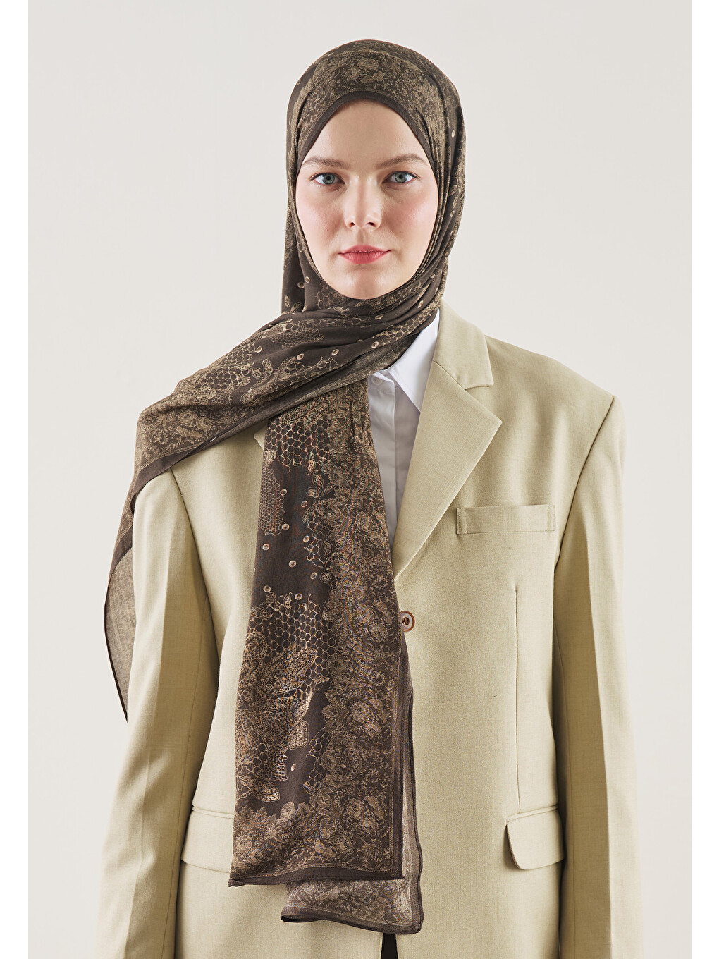 Kahverengi Floral Lace Desen Rami Şal Kahve-3