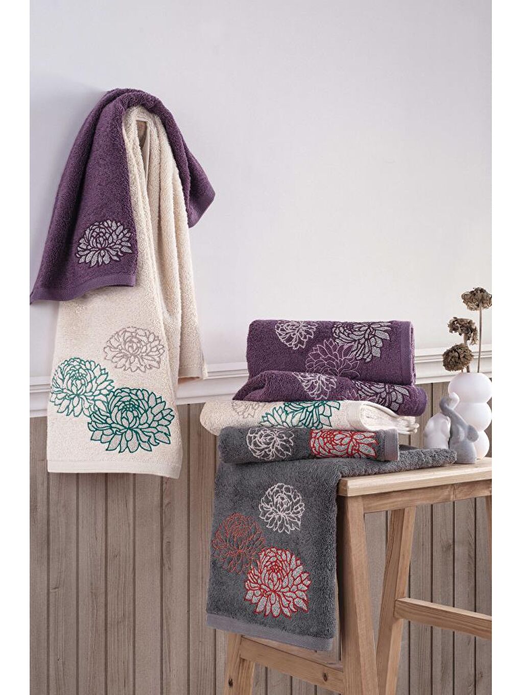 Karışık Siena Nakışlı Çeyizlik 6lı Bambu El Yüz Havlusu 50x90 Cm