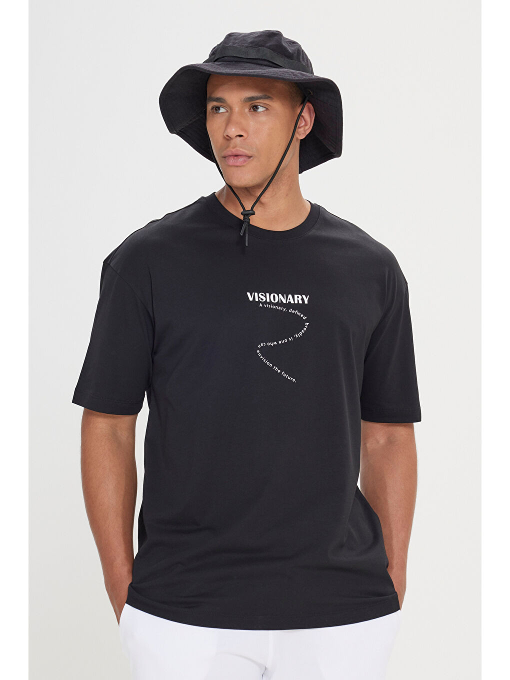 Erkek Siyah Oversize %100 Pamuk Bol Kesim Bisiklet Yaka Baskılı Tişört