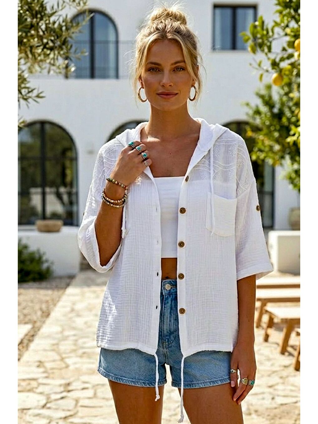 Beyaz Kapüşonlu Kısa Kol Çift Cepli Brodeli Etek Ucu Bağlamalı Casual Müslin Dokuma Ceket 63 63