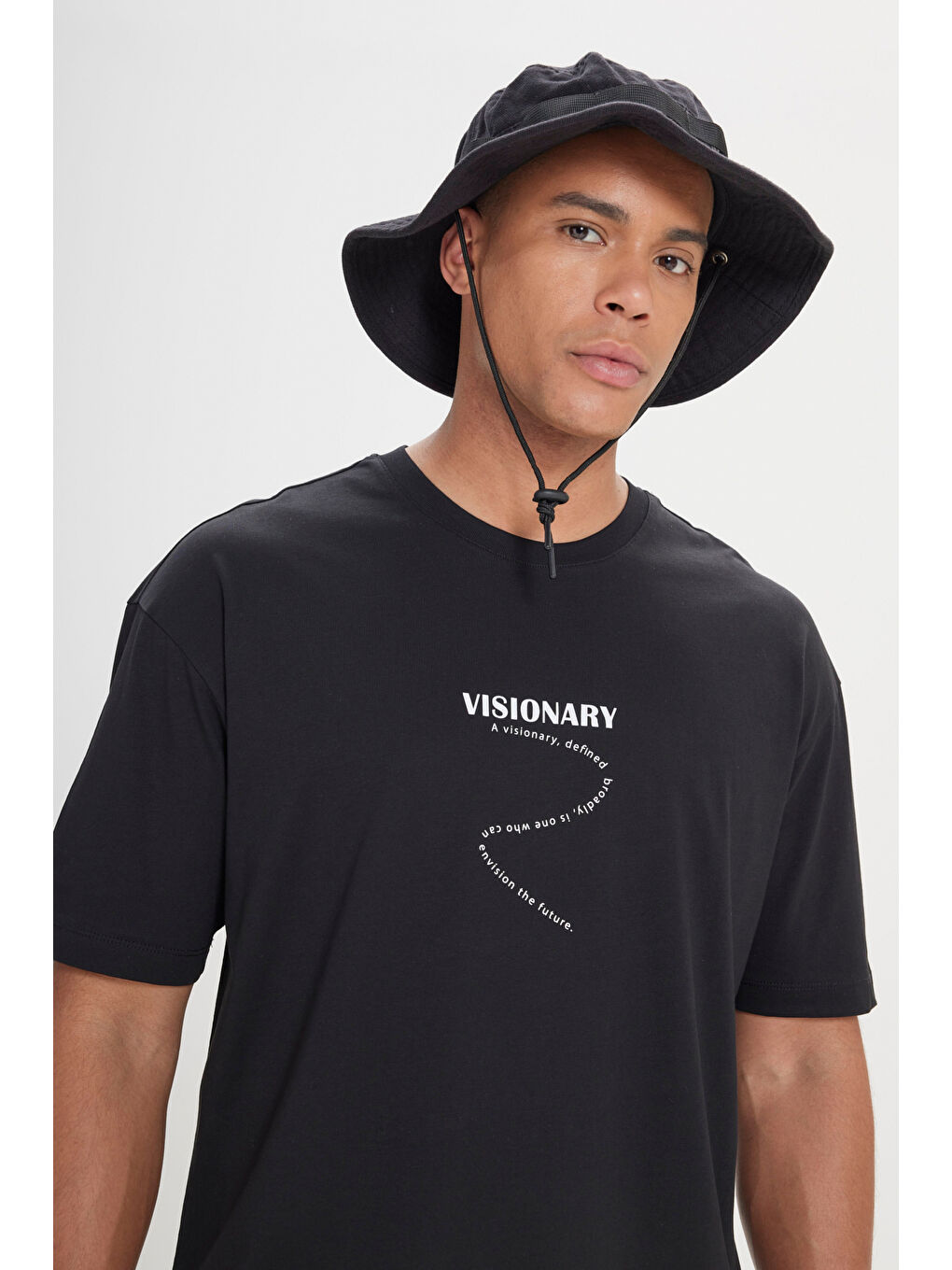 Erkek Siyah Oversize %100 Pamuk Bol Kesim Bisiklet Yaka Baskılı Tişört-1