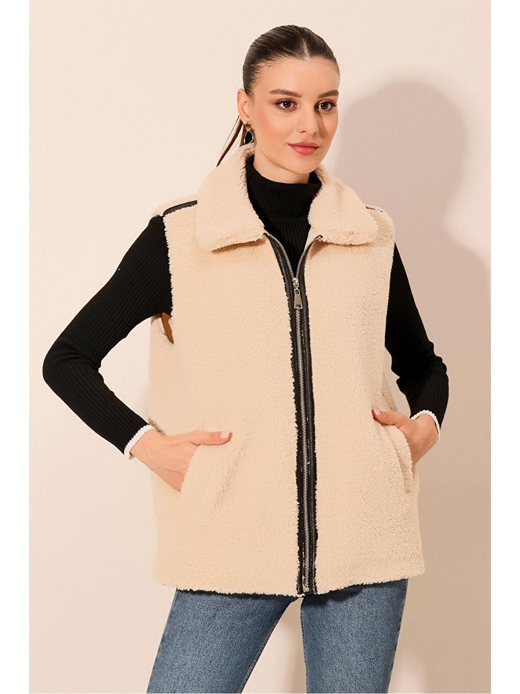 Ekru 6793 Peluş Yelek - Krem-4