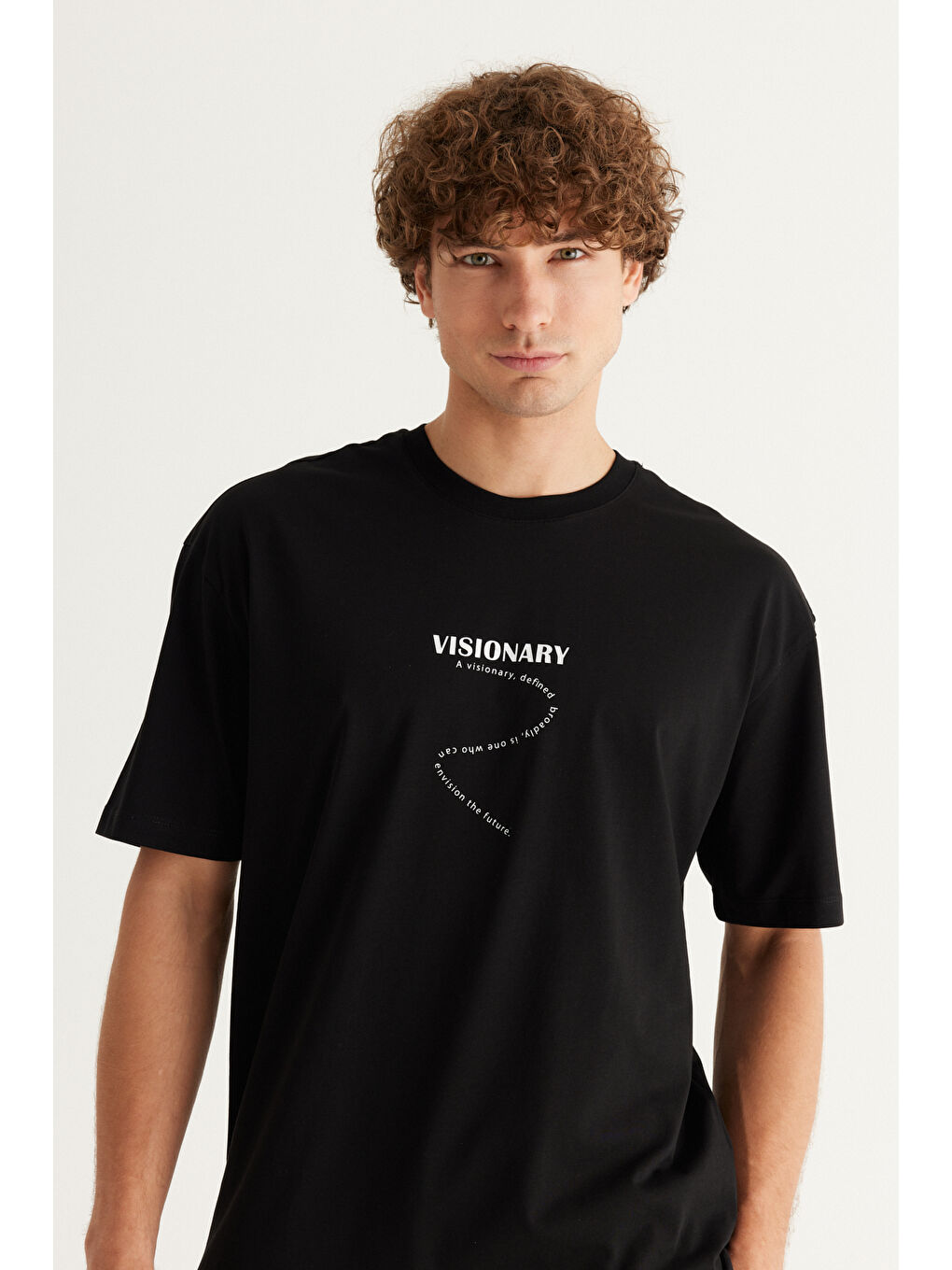 Erkek Siyah Oversize %100 Pamuk Bol Kesim Bisiklet Yaka Baskılı Tişört-3