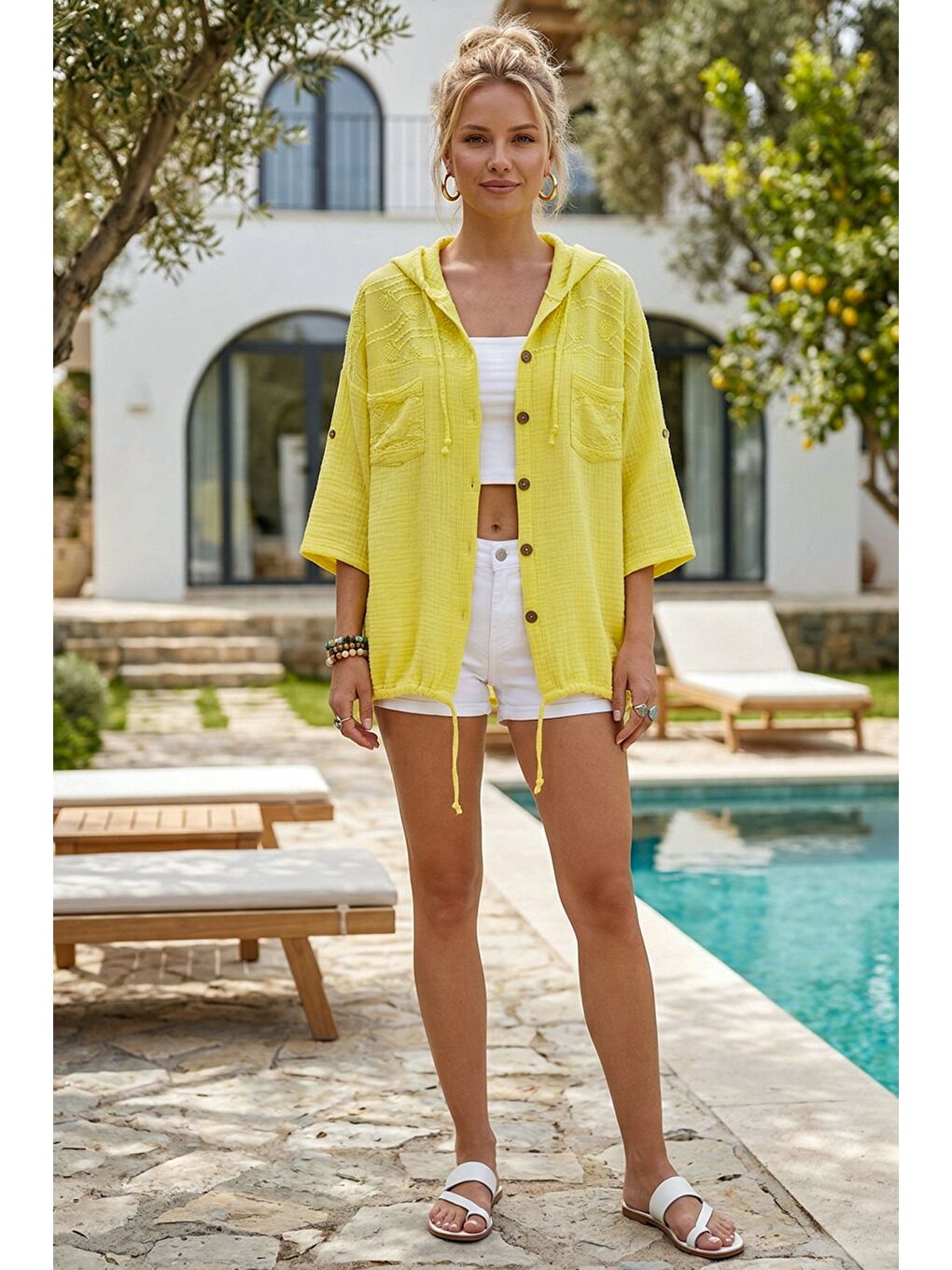 Sarı Kapüşonlu Kısa Kol Çift Cepli Brodeli Etek Ucu Bağlamalı Casual Müslin Dokuma Ceket 63 63-2