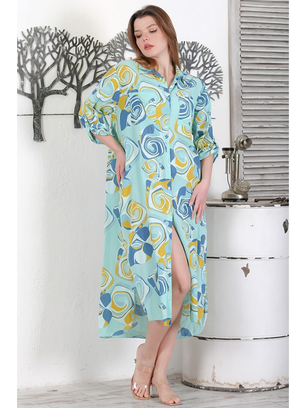 İtalyan Açık Turkuaz Düğmeli Uzun Kollu Geometrik Desenli Çift Cepli Dokuma Yazlık Elbise 130 65-1