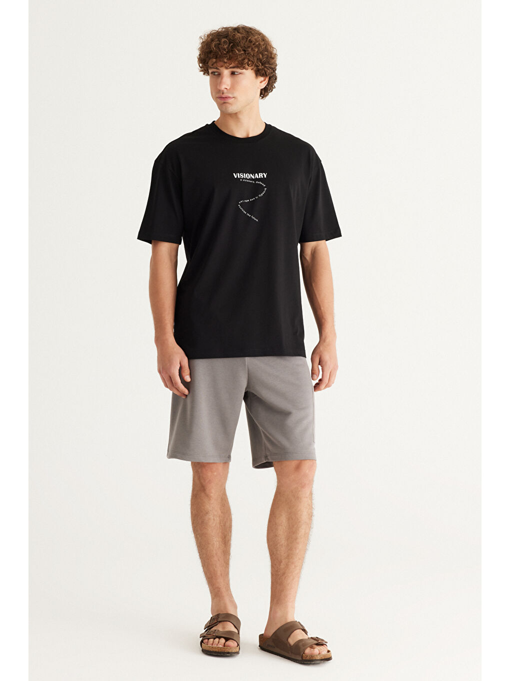 Erkek Siyah Oversize %100 Pamuk Bol Kesim Bisiklet Yaka Baskılı Tişört-5