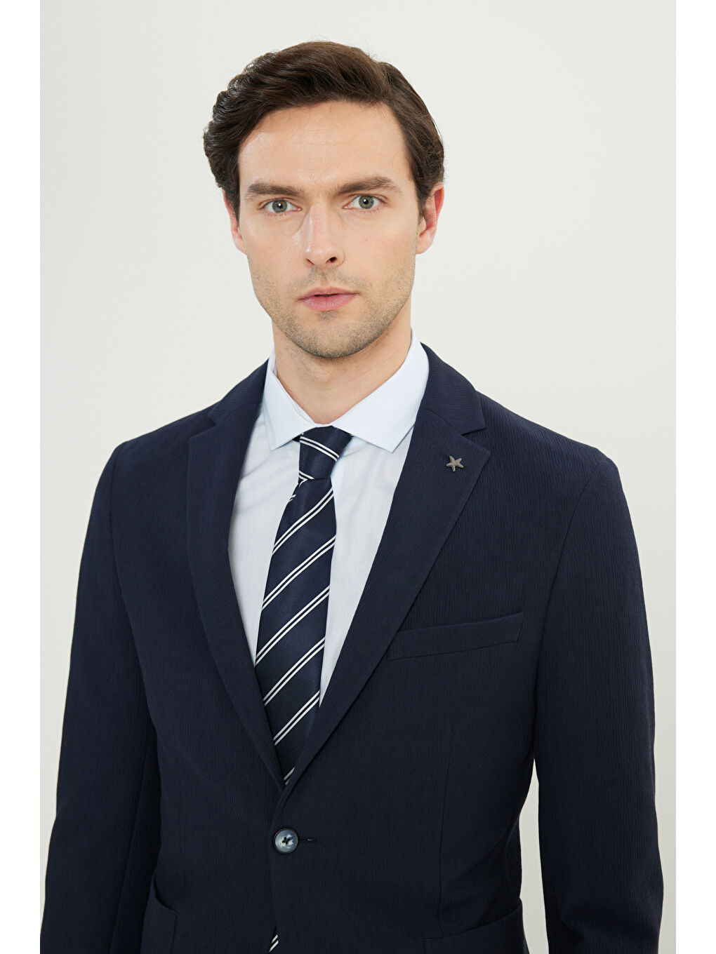 Erkek Lacivert Pamuklu Slim Fit Mono Yaka Torba Cepli Esnek Takım Elbise-3