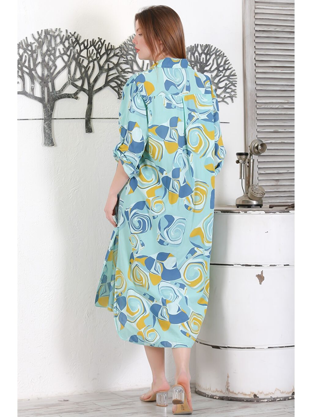 İtalyan Açık Turkuaz Düğmeli Uzun Kollu Geometrik Desenli Çift Cepli Dokuma Yazlık Elbise 130 65-6