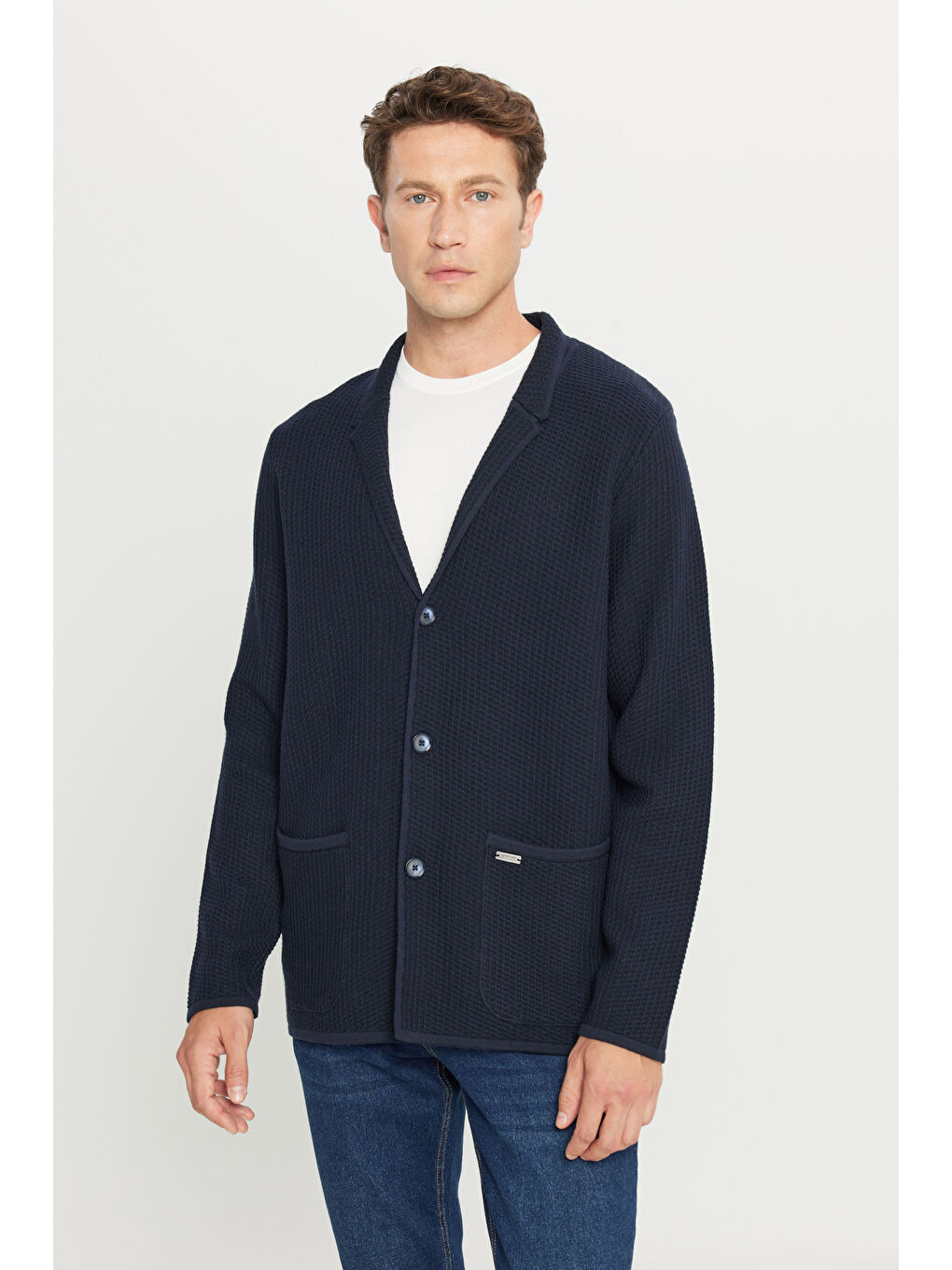 Erkek Lacivert Pamuklu Standart Fit Normal Kesim Mono Yaka Torba Cepli Jakarlı Triko Ceket-2