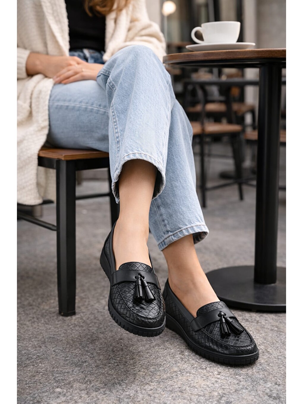 Siyah Kadın Örgü Desenli Püsküllü Rahat Comfort Loafer-6