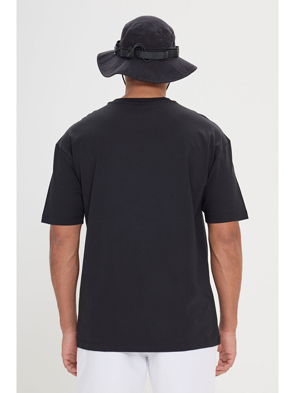 Erkek Siyah Oversize %100 Pamuk Bol Kesim Bisiklet Yaka Baskılı Tişört-7