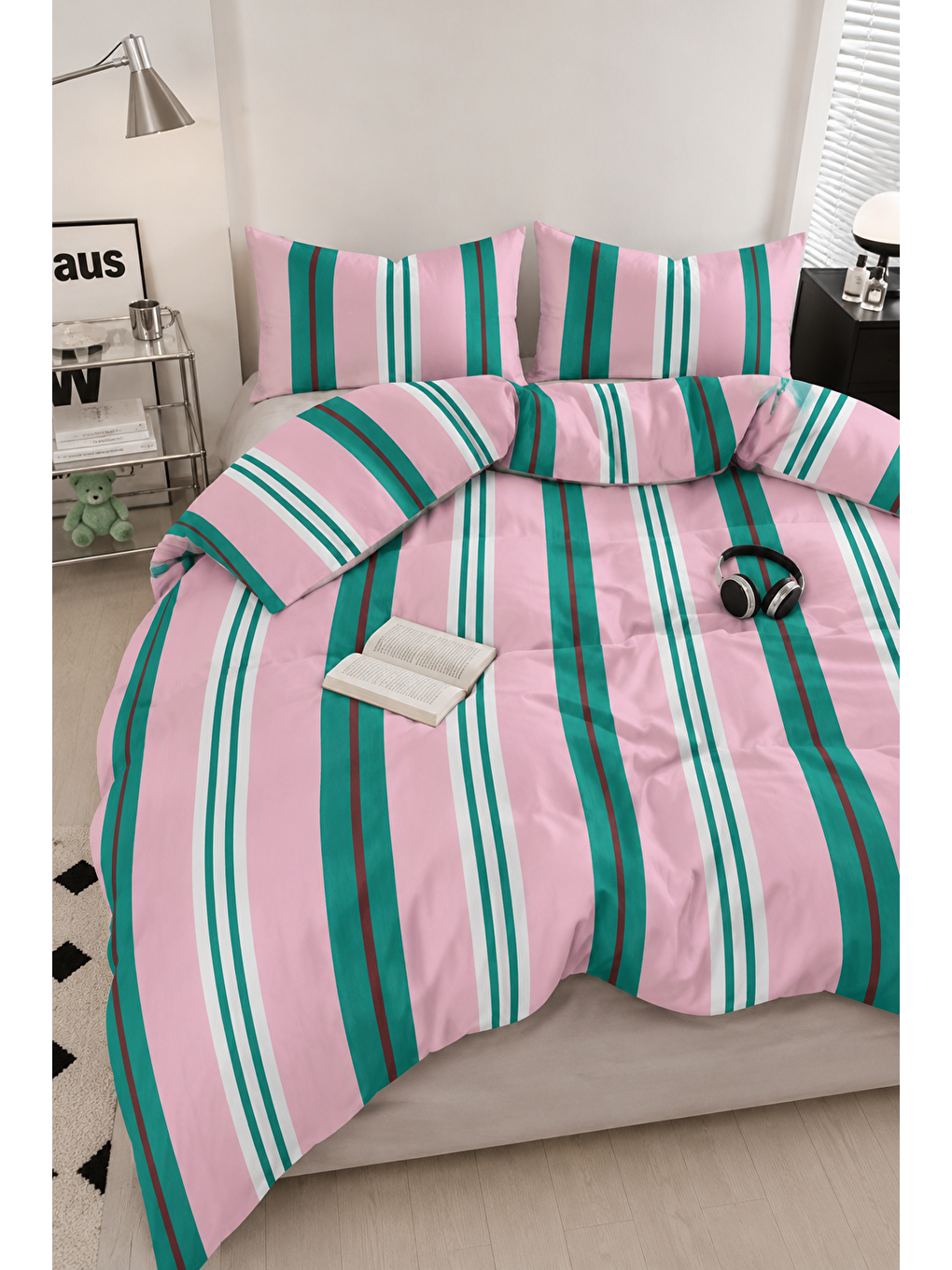 Pembe Yeşil Kahverengi Çizgili Nevresim Seti Modern Desenli 200x220 Çift Kişilik Yorgan Kılıfı-1
