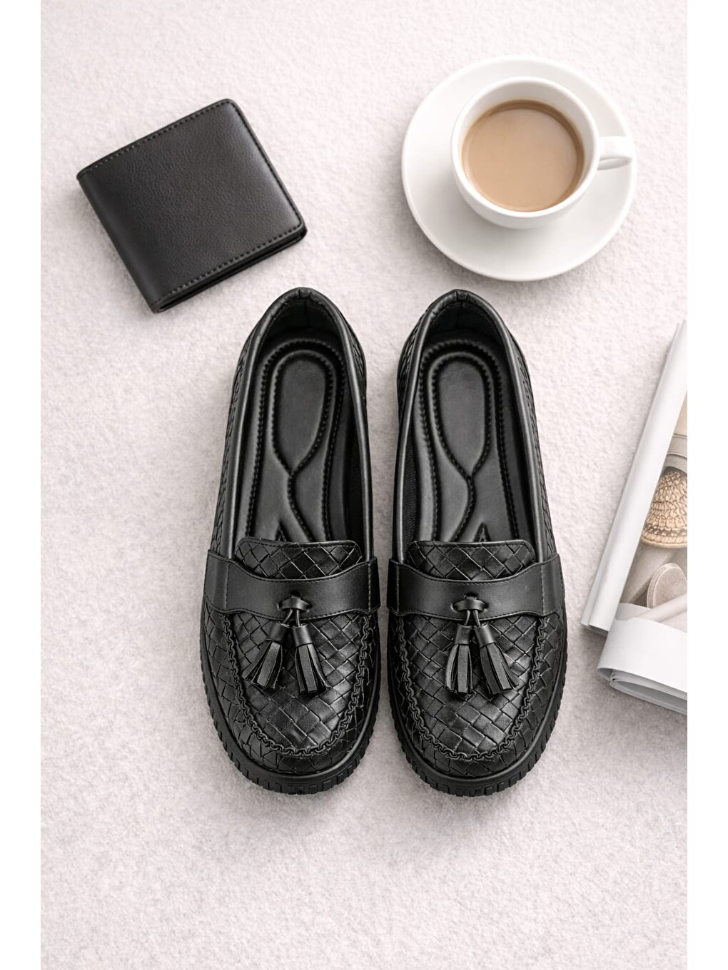 Siyah Kadın Örgü Desenli Püsküllü Rahat Comfort Loafer-7