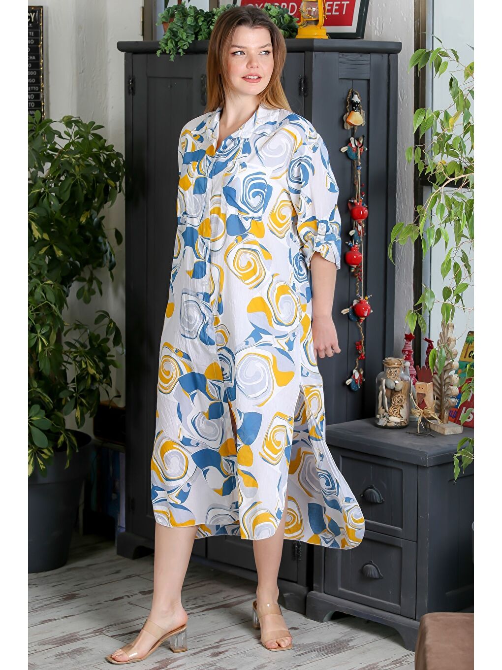 İtalyan Bej-Mavi Düğmeli Uzun Kollu Geometrik Desenli Çift Cepli Casual Dokuma Yazlık Elbise