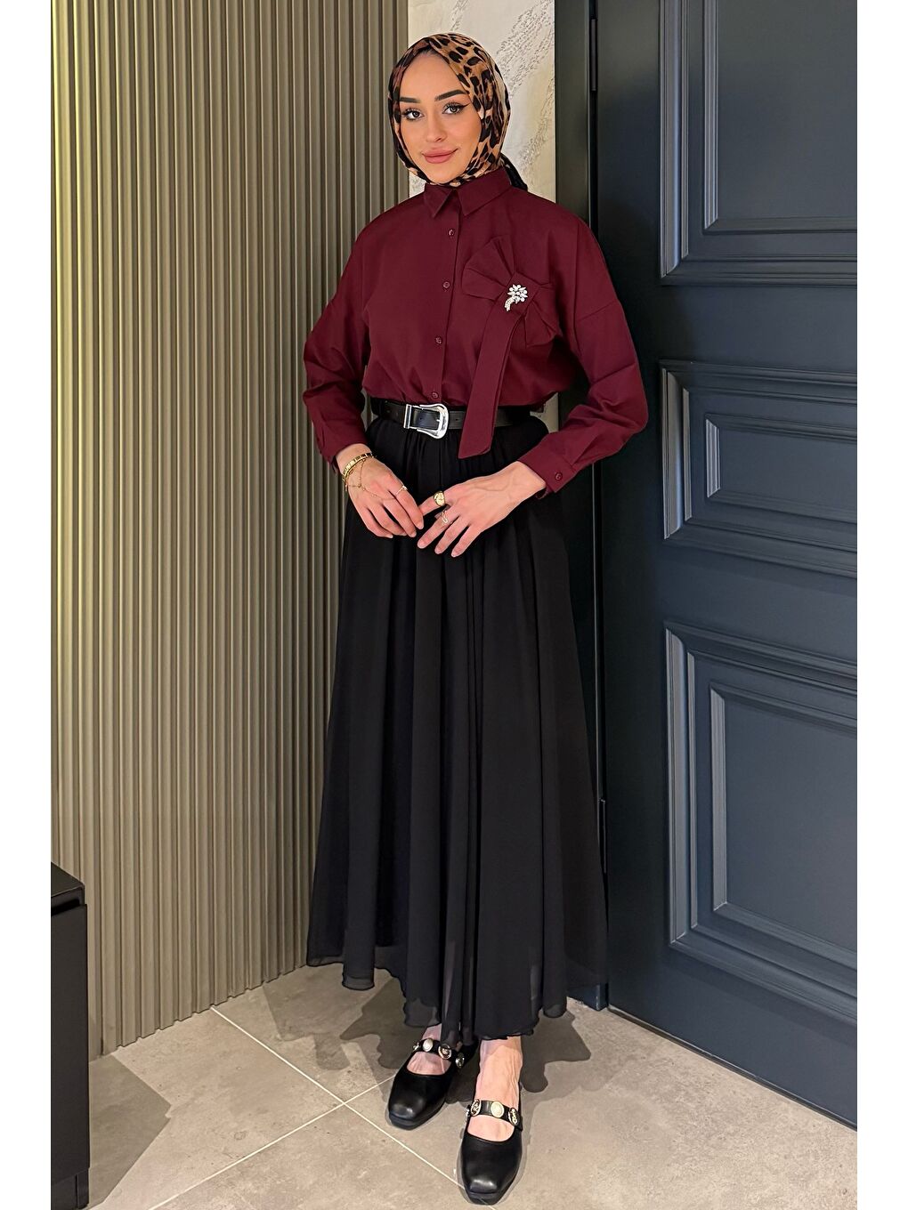 Siyah Kemerli Piliseli Tesettür Şifon Etek-2