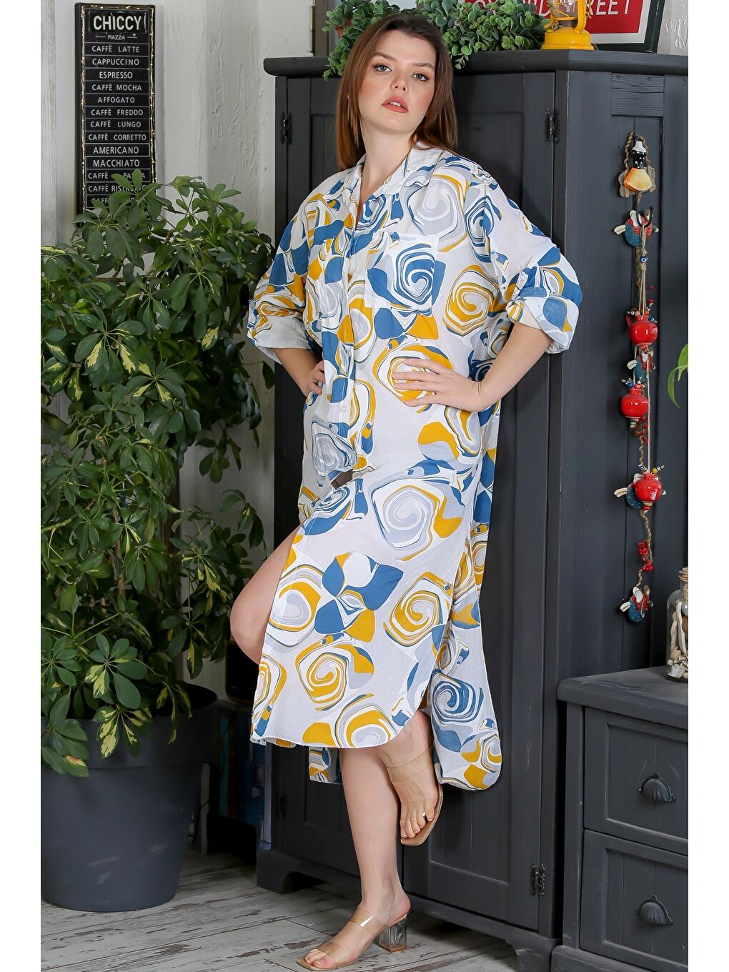 İtalyan Bej-Mavi Düğmeli Uzun Kollu Geometrik Desenli Çift Cepli Casual Dokuma Yazlık Elbise-1