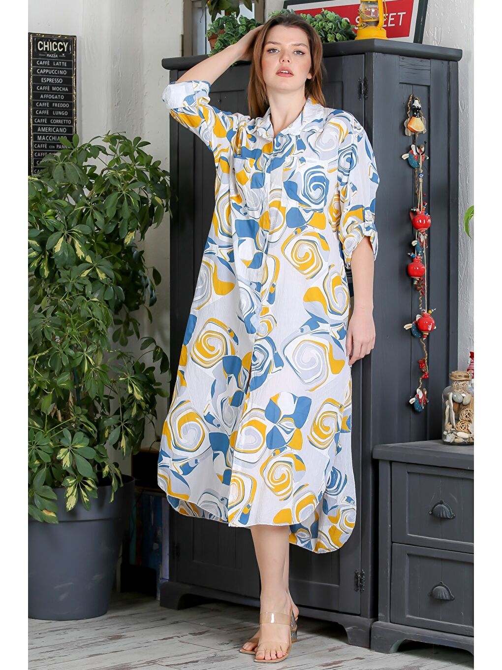 İtalyan Bej-Mavi Düğmeli Uzun Kollu Geometrik Desenli Çift Cepli Casual Dokuma Yazlık Elbise-2