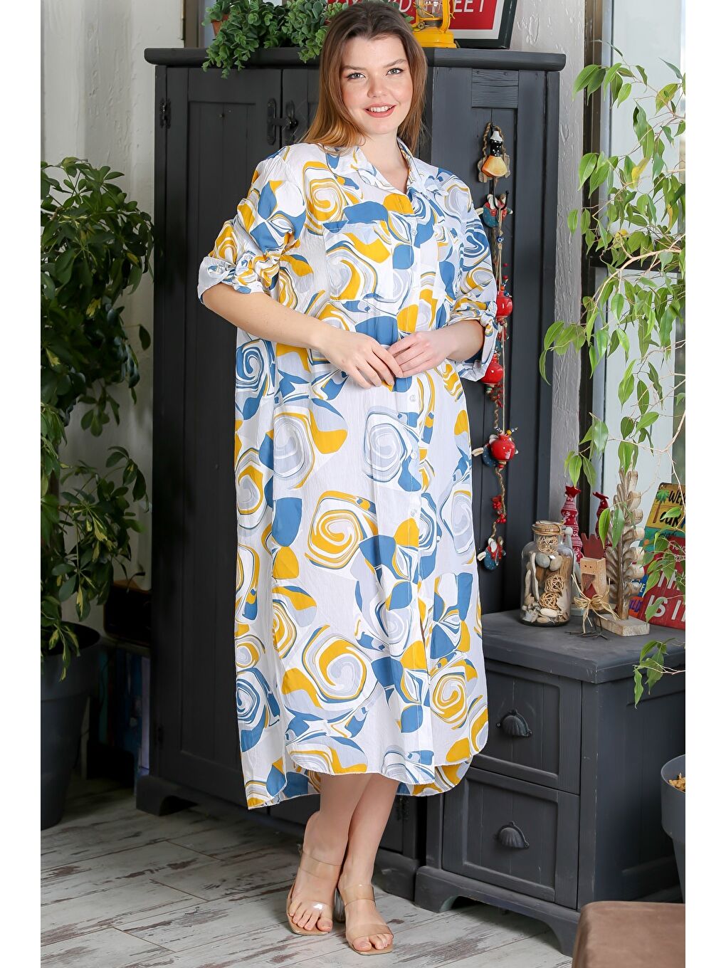 İtalyan Bej-Mavi Düğmeli Uzun Kollu Geometrik Desenli Çift Cepli Casual Dokuma Yazlık Elbise-3