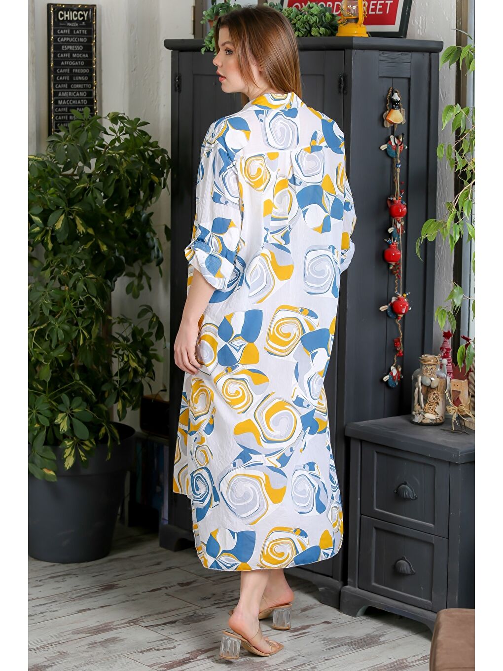 İtalyan Bej-Mavi Düğmeli Uzun Kollu Geometrik Desenli Çift Cepli Casual Dokuma Yazlık Elbise-5