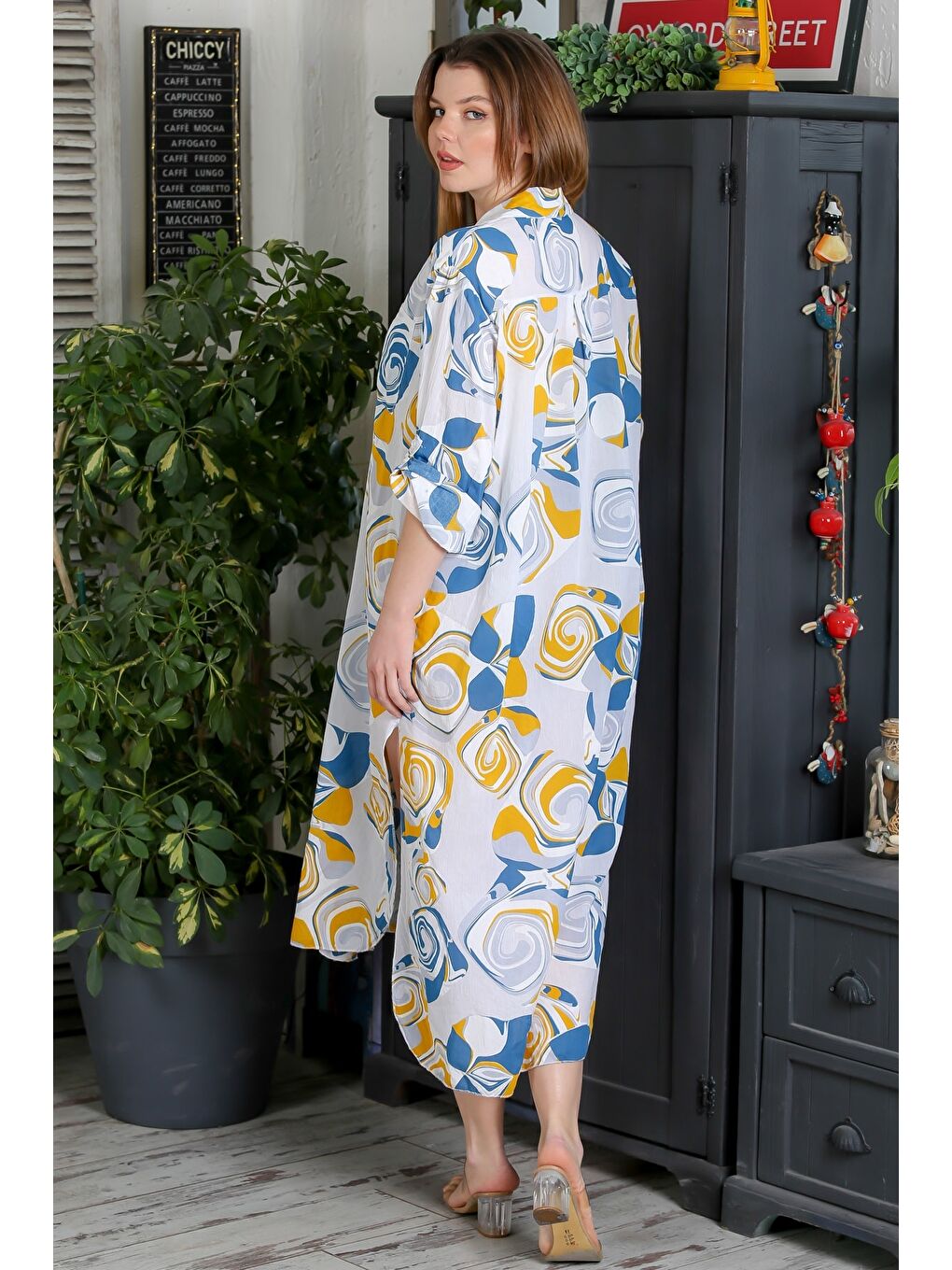 İtalyan Bej-Mavi Düğmeli Uzun Kollu Geometrik Desenli Çift Cepli Casual Dokuma Yazlık Elbise-6