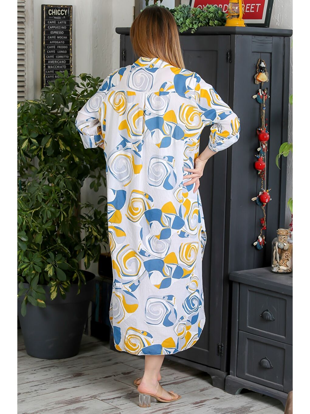 İtalyan Bej-Mavi Düğmeli Uzun Kollu Geometrik Desenli Çift Cepli Casual Dokuma Yazlık Elbise-7