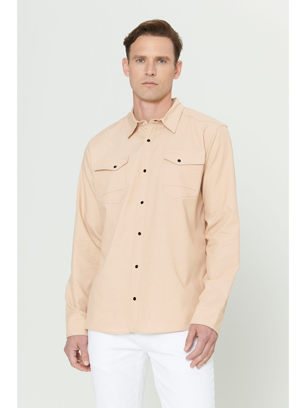 Erkek Bej Slim Fit Dar Kesim Klasik Yaka Pamuk Karışımlı Gömlek