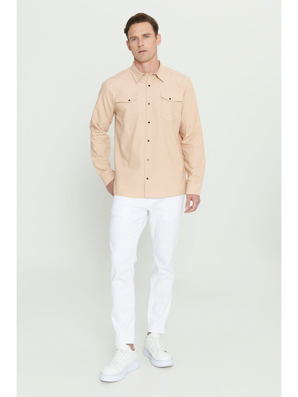 Erkek Bej Slim Fit Dar Kesim Klasik Yaka Pamuk Karışımlı Gömlek-1