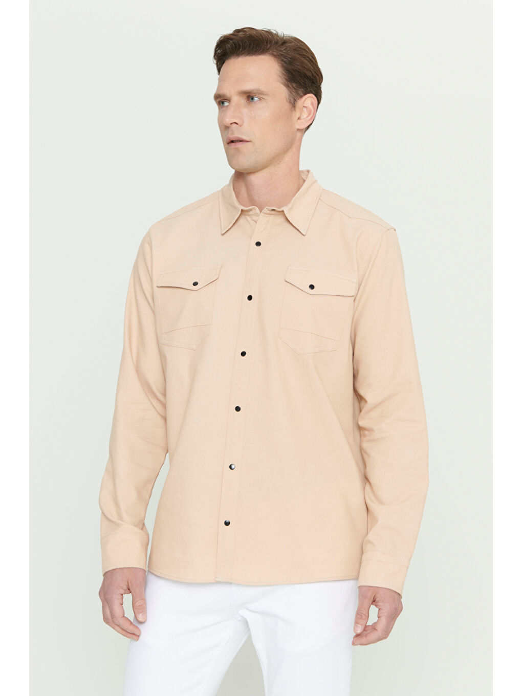 Erkek Bej Slim Fit Dar Kesim Klasik Yaka Pamuk Karışımlı Gömlek-2