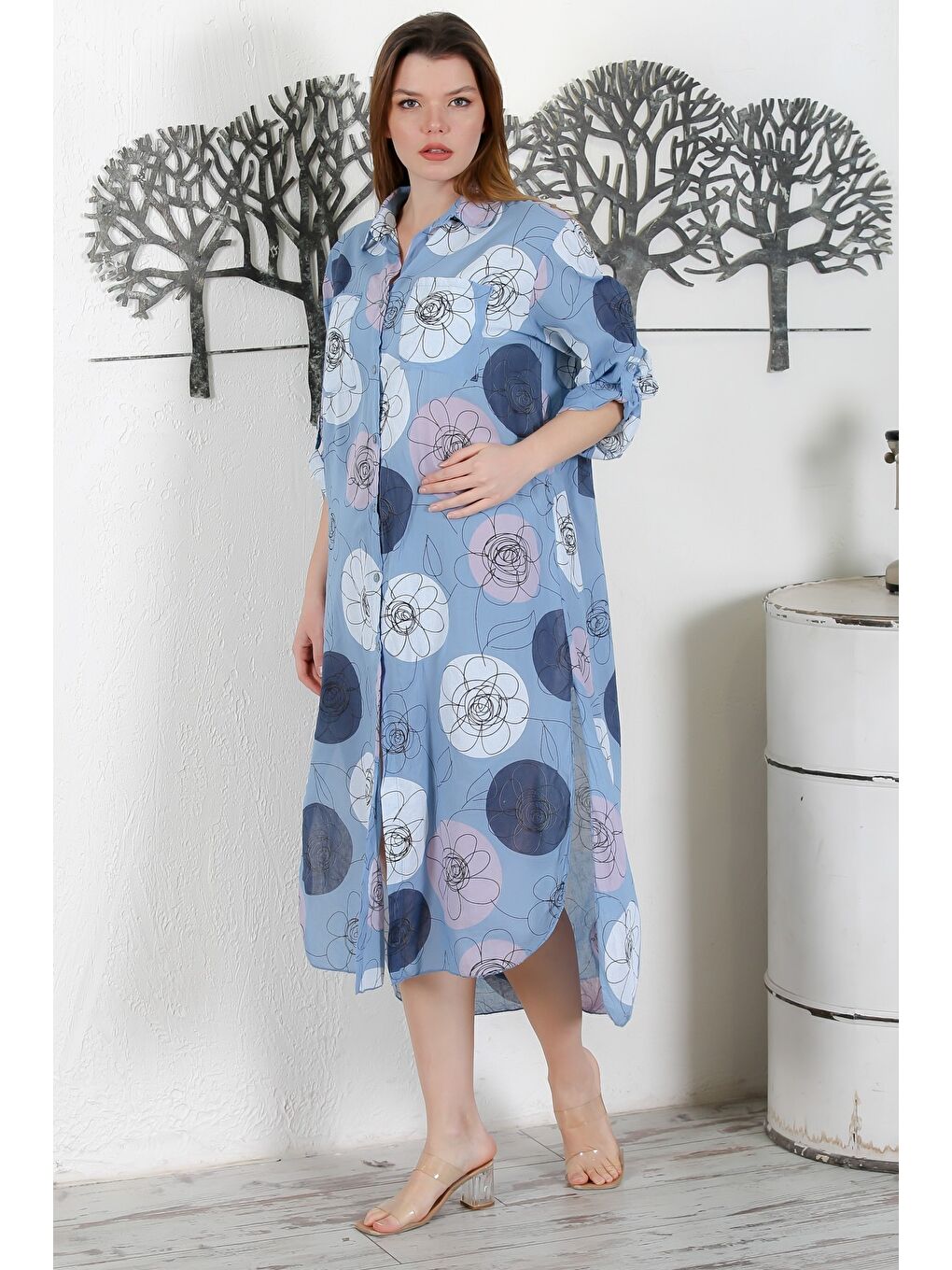 İtalyan Lavanta Mavisi Düğmeli Uzun Kollu Çiçekli Çift Cepli Casual Dokuma Yazlık Elbise-4