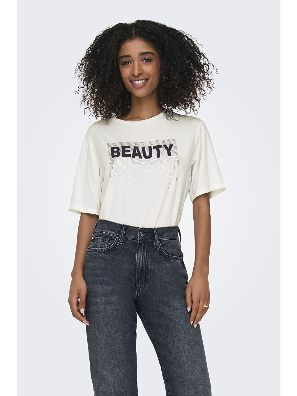 Beyaz Onlsanni Taşlı Pamuklu Regular Fit Bisiklet Yaka T Shirt 15346650