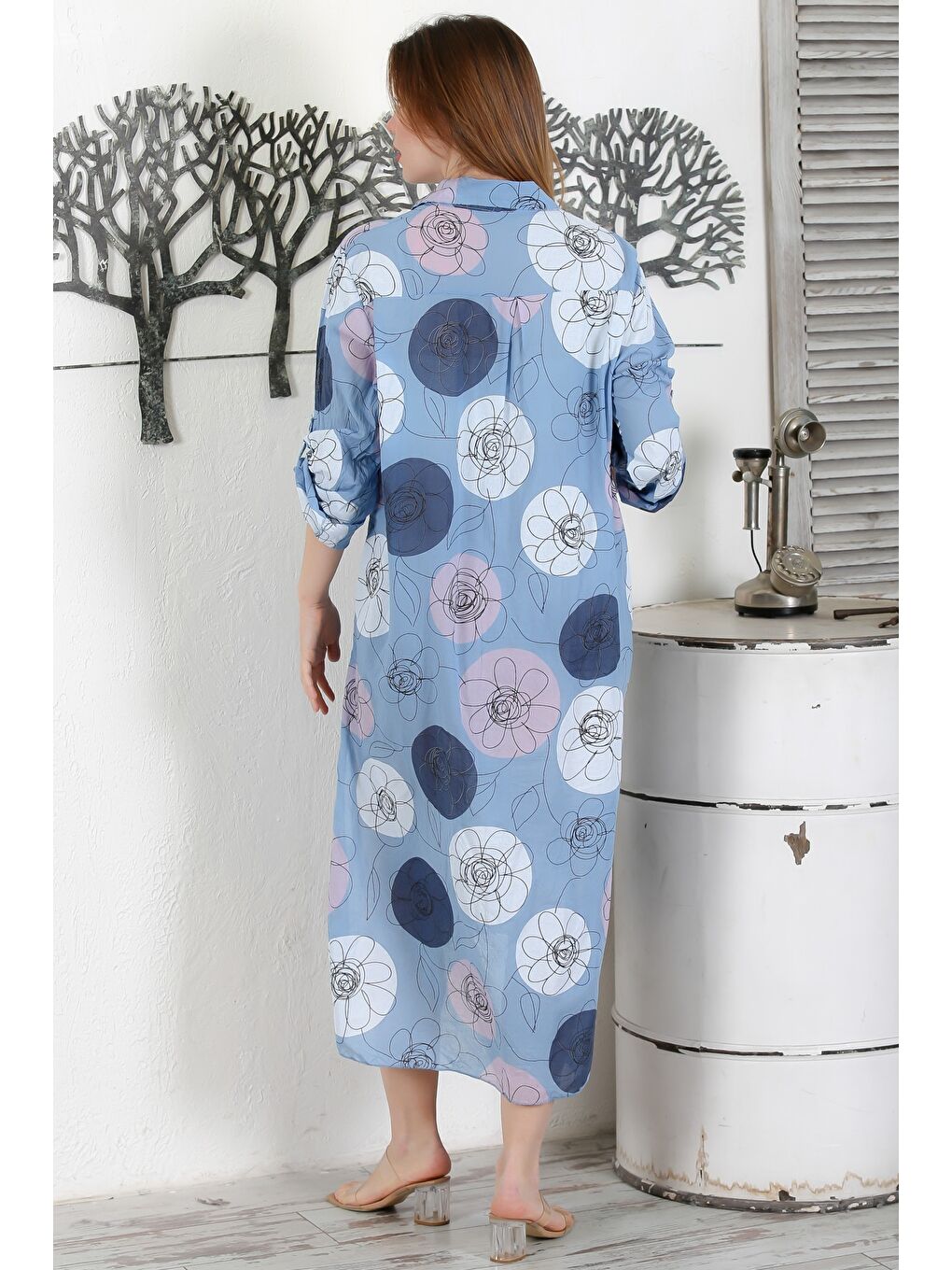 İtalyan Lavanta Mavisi Düğmeli Uzun Kollu Çiçekli Çift Cepli Casual Dokuma Yazlık Elbise-5