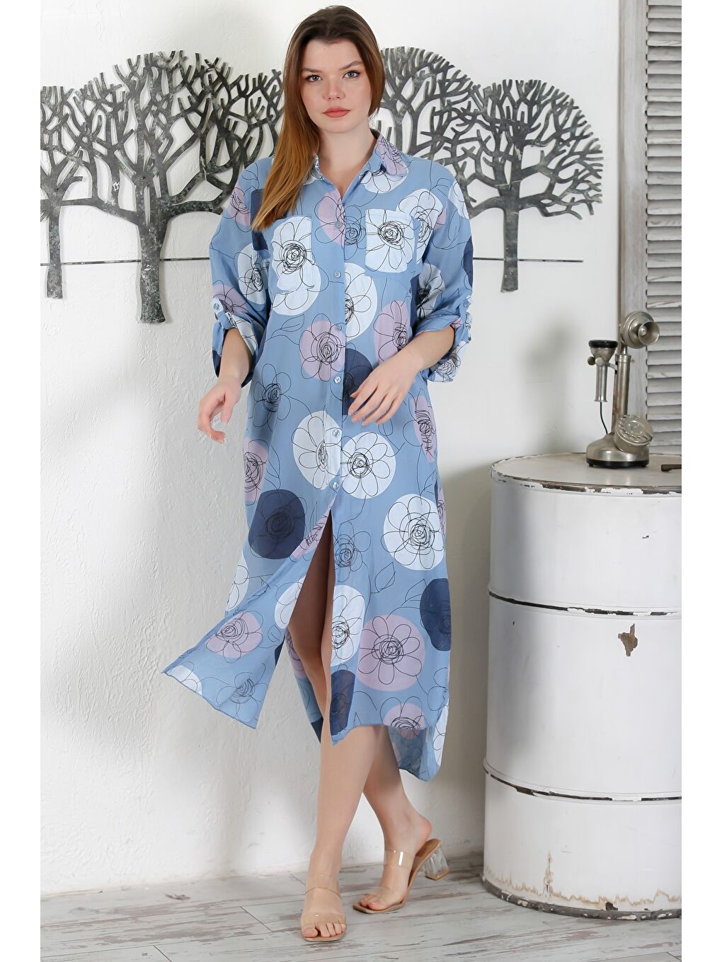 İtalyan Lavanta Mavisi Düğmeli Uzun Kollu Çiçekli Çift Cepli Casual Dokuma Yazlık Elbise-7