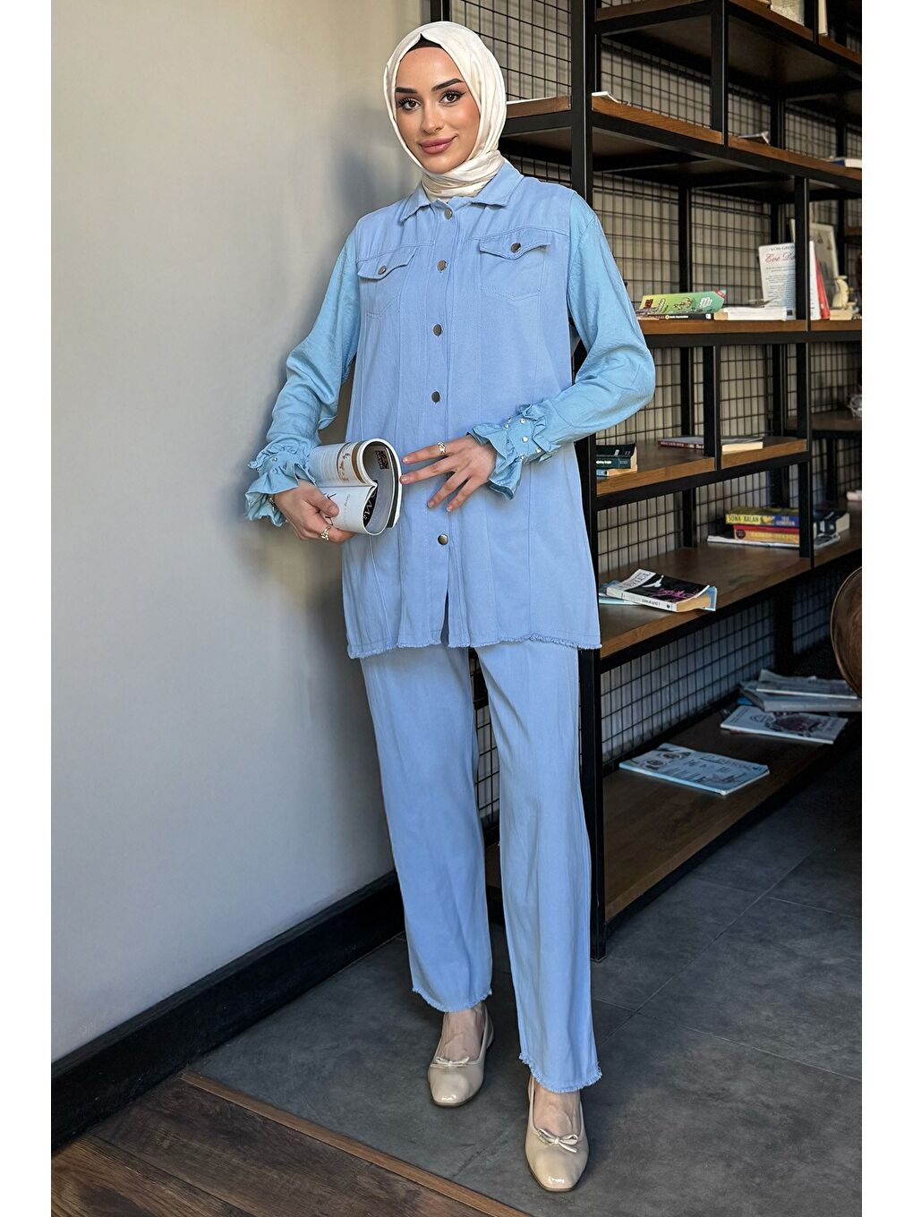 Mavi Tesettür Gabardin Yelek Pantolon İkili Takım-1