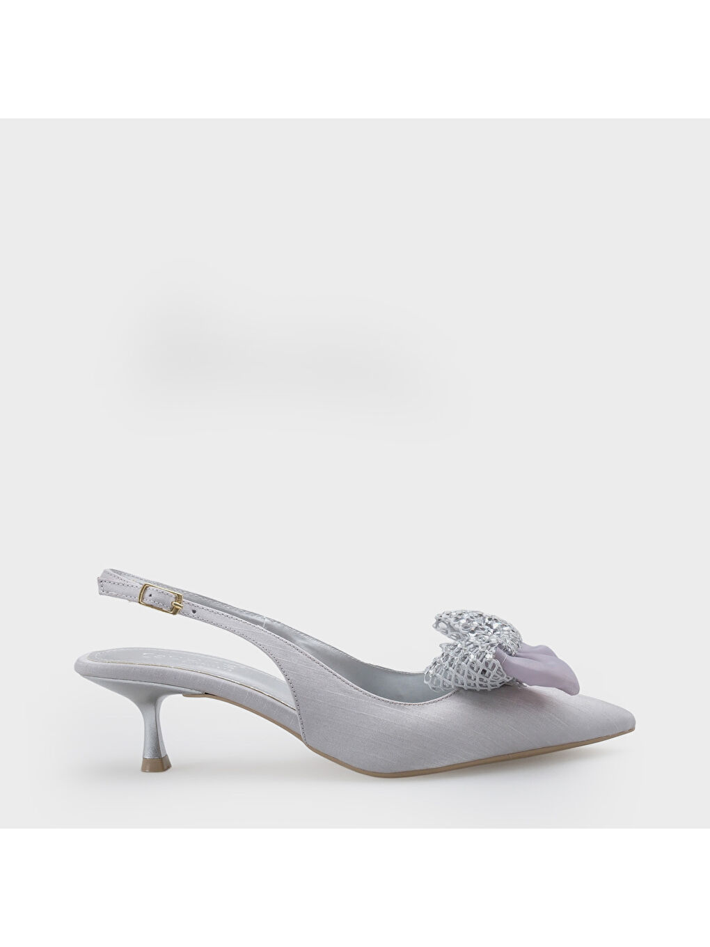 Gri Nikolia Taşlı Fiyonklu Sivri Burunlu Saten Orta Topuklu Kadın Ayakkabı-1